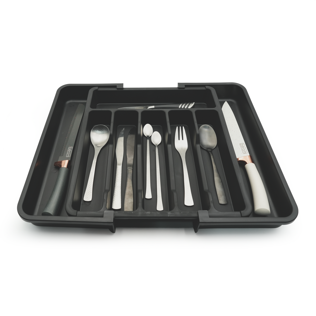 Beram Expandable Kitchen Drawer Organizer Tray – 33×37.5×5 cm BPA-Free PP Cutlery Holder for Spoons Forks Knives & Utensils Adjustable Silverware Divider Storage Box for Kitchen Drawers
