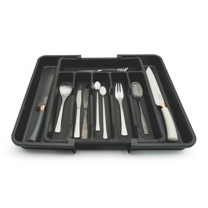 Beram Expandable Kitchen Drawer Organizer Tray – 33×37.5×5 cm BPA-Free PP Cutlery Holder for Spoons Forks Knives & Utensils Adjustable Silverware Divider Storage Box for Kitchen Drawers