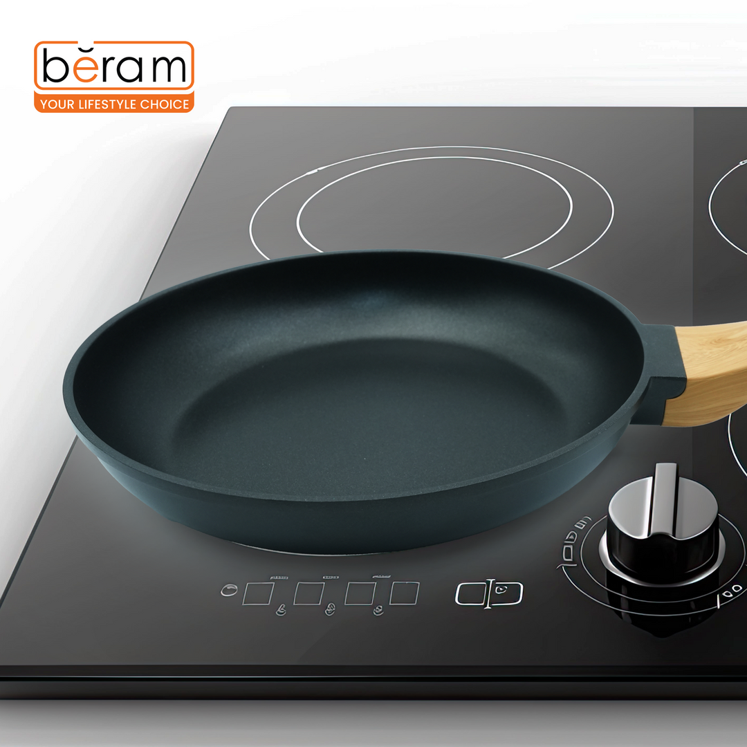 Non-Stick Frying Pan 24 Cm for Induction  Gas Stove Cast Aluminum Skillet with premium Coating Soft-Touch Wooden Handle Black Color Oven Safe Cookware Eco-Friendly Non-Toxic Pan