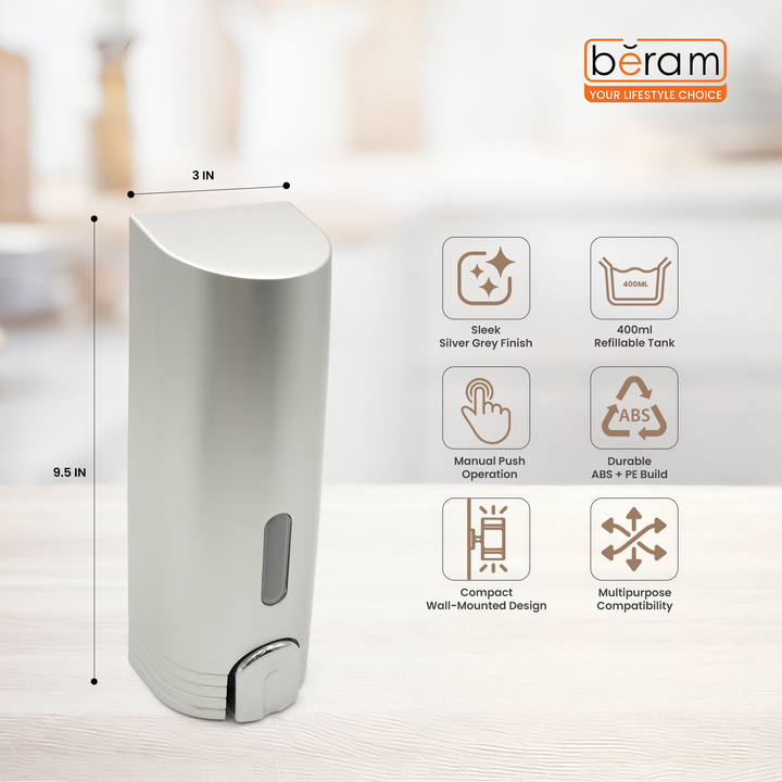 BERAM 400 ml Wall‑Mounted Manual Soap Dispenser, Push Type soap Dispenser for Bathroom, Kitchen & Hotel, Chrome ABS Liquid Hand Soap, Shampoo, Sanitizer Holder, Refillable Single Chamber-Silver Grey