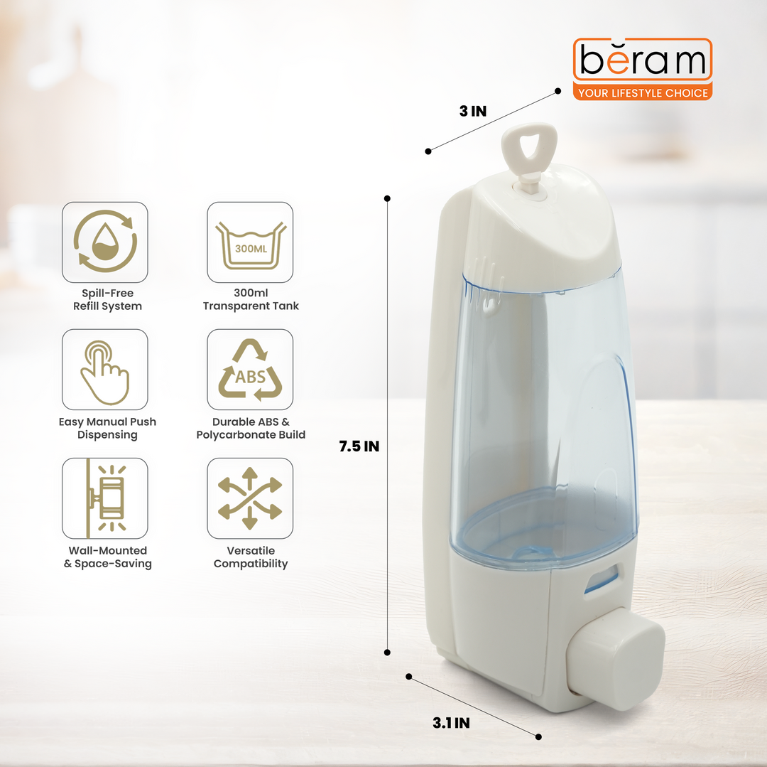 BERAM White Manual Soap Dispenser 300 ml Wall Mounted Push Type soap Dispenser Bathroom & Kitchen Easy Refill Leak-Proof Design Perfect for Soap Shampoo Hand Sanitizer transparent Tank ABS Plastic
