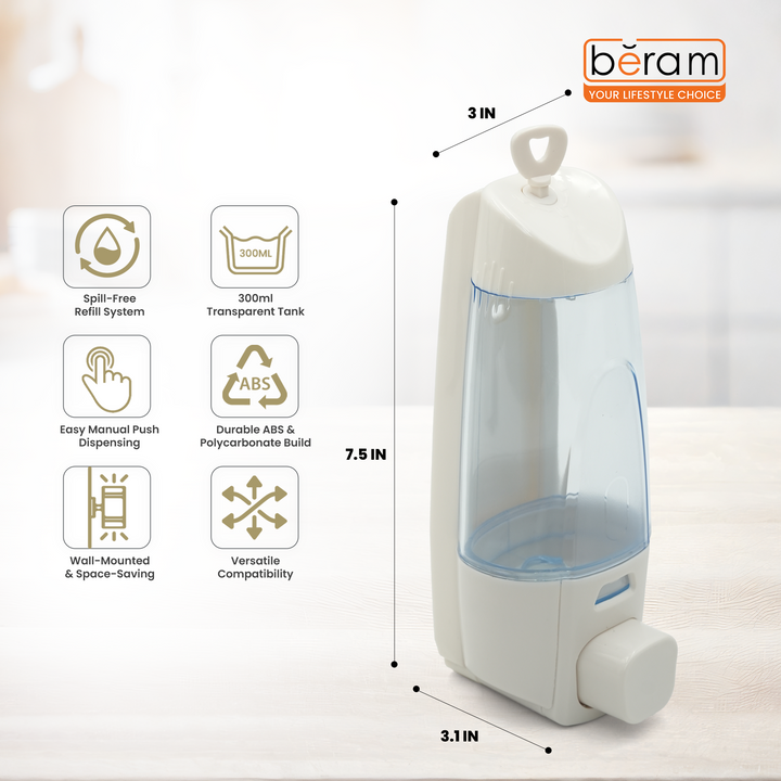 BERAM White Manual Soap Dispenser 300 ml Wall Mounted Push Type soap Dispenser Bathroom & Kitchen Easy Refill Leak-Proof Design Perfect for Soap Shampoo Hand Sanitizer transparent Tank ABS Plastic