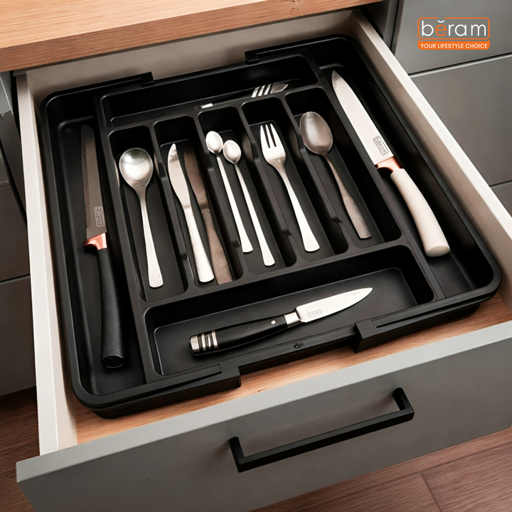 Beram Expandable Kitchen Drawer Organizer Tray – 33×37.5×5 cm BPA-Free PP Cutlery Holder for Spoons Forks Knives & Utensils Adjustable Silverware Divider Storage Box for Kitchen Drawers