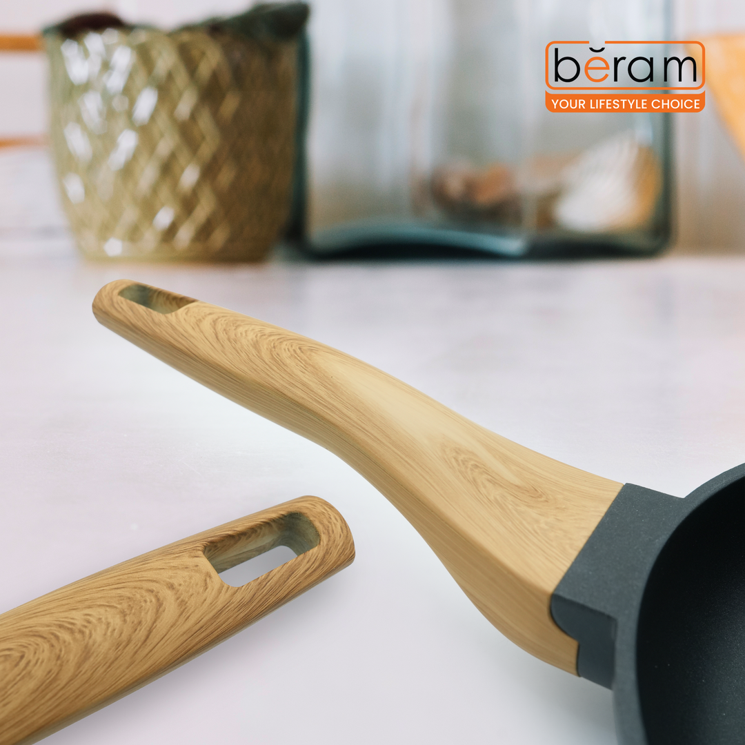 Non-Stick Frying Pan 24 Cm for Induction  Gas Stove Cast Aluminum Skillet with premium Coating Soft-Touch Wooden Handle Black Color Oven Safe Cookware Eco-Friendly Non-Toxic Pan