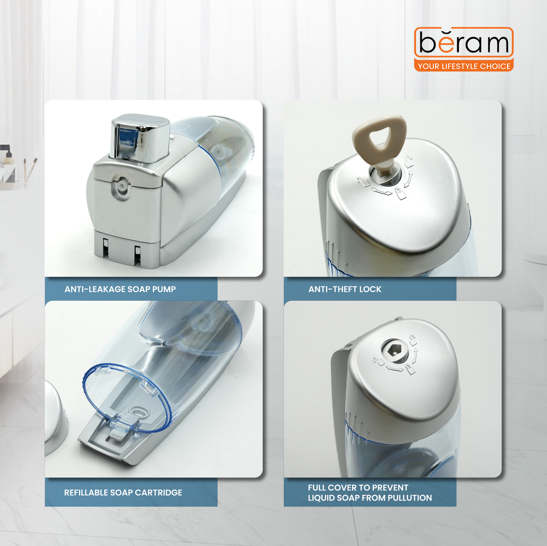BERAM Silver Grey Manual Soap Dispenser, 300 ml, Wall Mounted, Push Type soap Dispenser Bathroom & Kitchen Easy Refill Leak-Proof Design Perfect for Soap Shampoo Hand Sanitizer transparent Tank