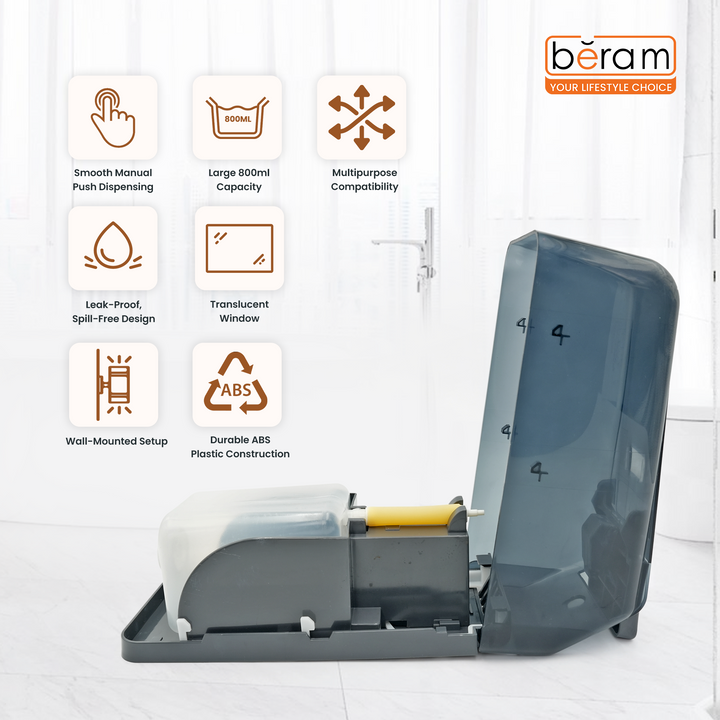 BERAM Wall Mounted Manual Liquid Soap Dispenser 800ml Push Type Shower Gel Dispenser for Bathroom & Kitchen Easy Refill Leak-Proof Design Perfect for Soap Shampoo Hand Sanitizer translucent black