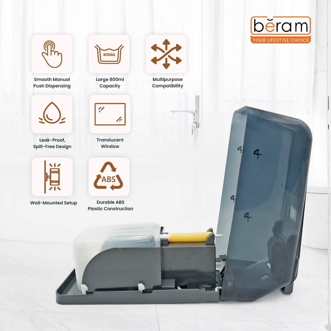 BERAM Wall‑Mounted Manual Soap Dispenser, Push Type soap Dispenser for Bathroom, Kitchen & Hotel, Chrome ABS Liquid Hand Soap, Shampoo, Sanitizer Holder, Refillable Single Chamber-White