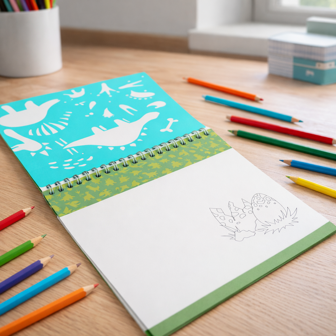 Jurassic Art Stencil Book for Kids 80 Sketch Pages with 5 Dinosaur Stencils and 1 Sticker Sheet Creative Dino Drawing Kit for Learning Tracing Coloring and Imaginative Play