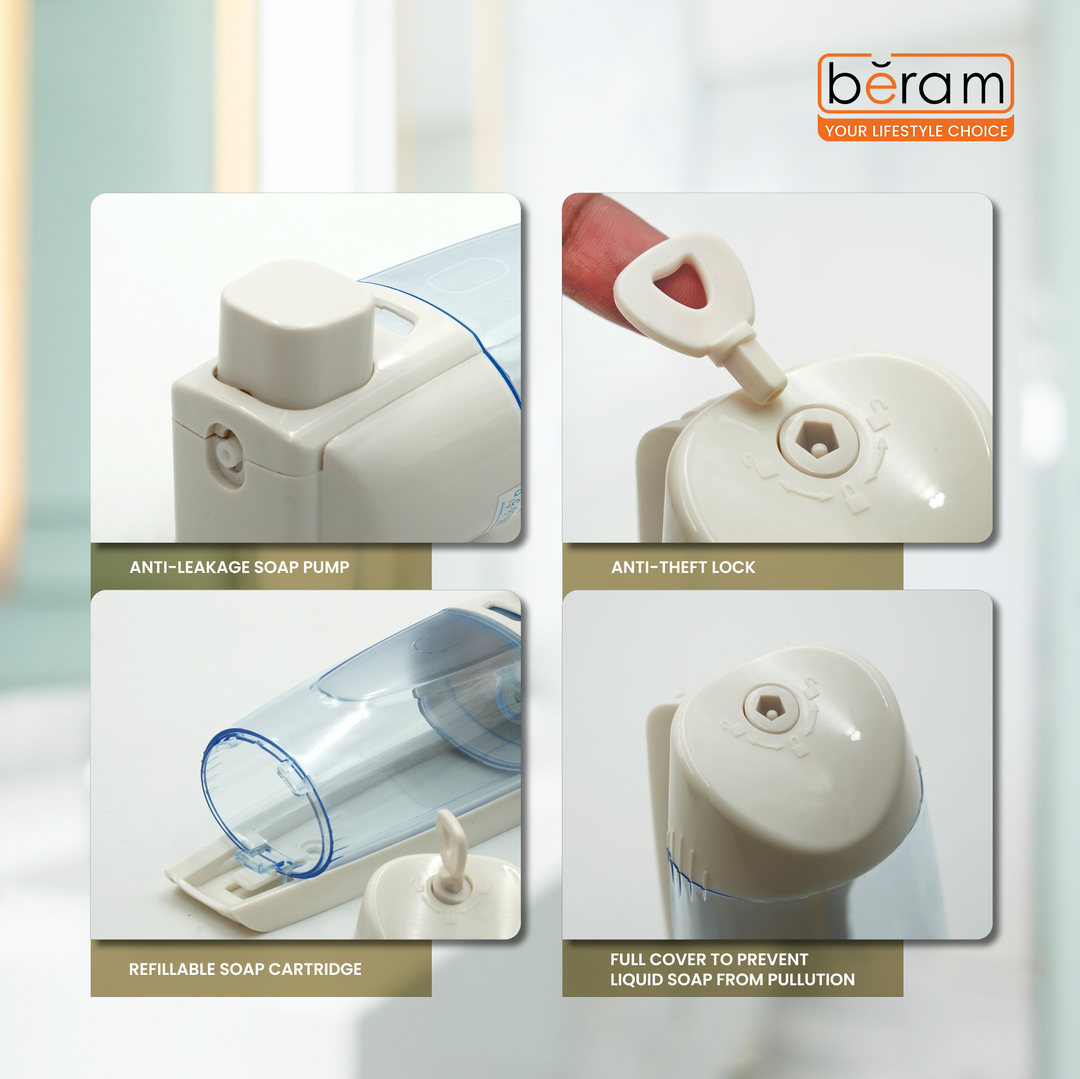 BERAM White Manual Soap Dispenser 300 ml Wall Mounted Push Type soap Dispenser Bathroom & Kitchen Easy Refill Leak-Proof Design Perfect for Soap Shampoo Hand Sanitizer transparent Tank ABS Plastic