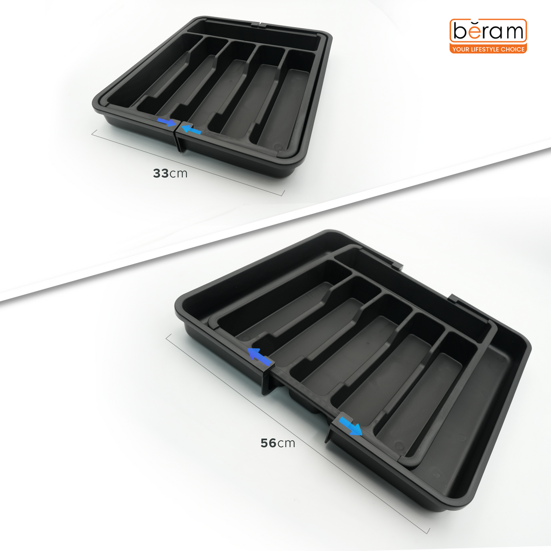 Beram Expandable Kitchen Drawer Organizer Tray – 33×37.5×5 cm BPA-Free PP Cutlery Holder for Spoons Forks Knives & Utensils Adjustable Silverware Divider Storage Box for Kitchen Drawers