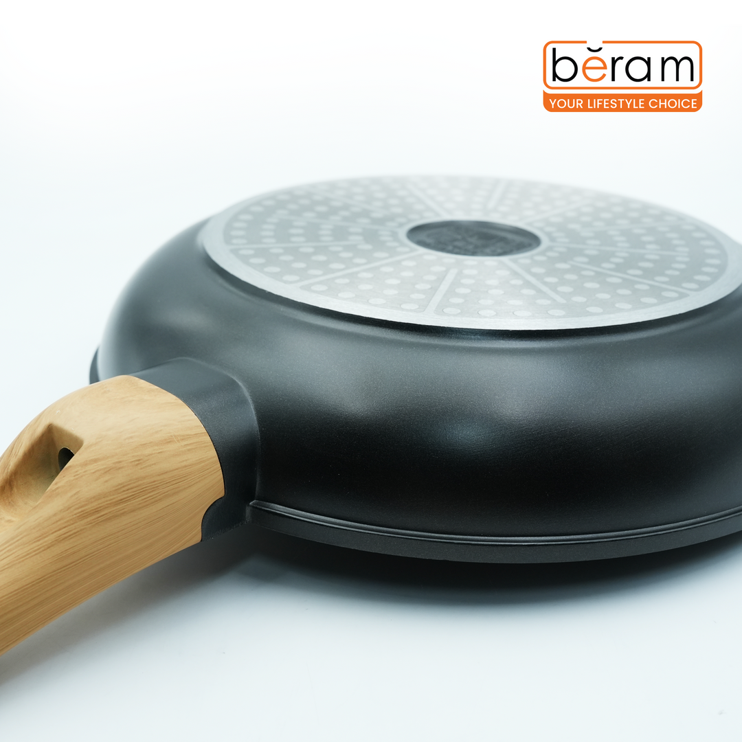 Non-Stick Frying Pan 24 Cm for Induction  Gas Stove Cast Aluminum Skillet with premium Coating Soft-Touch Wooden Handle Black Color Oven Safe Cookware Eco-Friendly Non-Toxic Pan