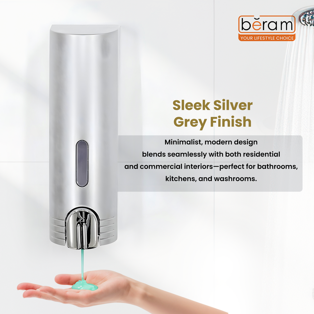 BERAM 400 ml Wall‑Mounted Manual Soap Dispenser, Push Type soap Dispenser for Bathroom, Kitchen & Hotel, Chrome ABS Liquid Hand Soap, Shampoo, Sanitizer Holder, Refillable Single Chamber-Silver Grey