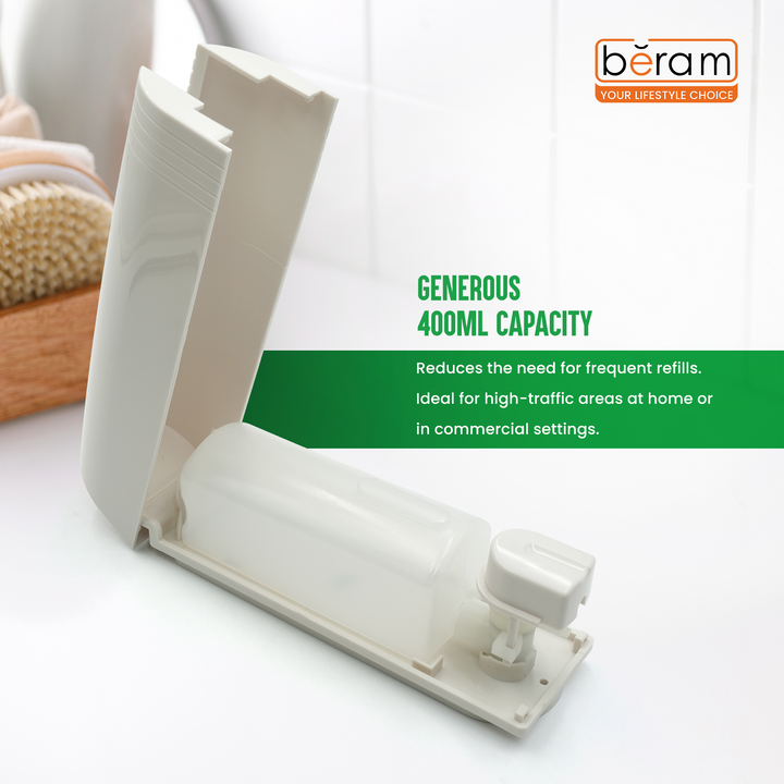BERAM 400 ml Wall‑Mounted Manual Soap Dispenser, Push Type soap Dispenser for Bathroom, Kitchen & Hotel, Chrome ABS Liquid Hand Soap, Shampoo, Sanitizer Holder, Refillable Single Chamber-White