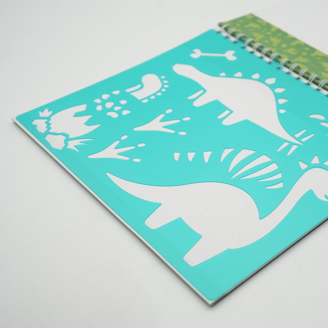 Jurassic Art Stencil Book for Kids 80 Sketch Pages with 5 Dinosaur Stencils and 1 Sticker Sheet Creative Dino Drawing Kit for Learning Tracing Coloring and Imaginative Play