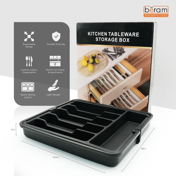 Beram Expandable Kitchen Drawer Organizer Tray – 33×37.5×5 cm BPA-Free PP Cutlery Holder for Spoons Forks Knives & Utensils Adjustable Silverware Divider Storage Box for Kitchen Drawers