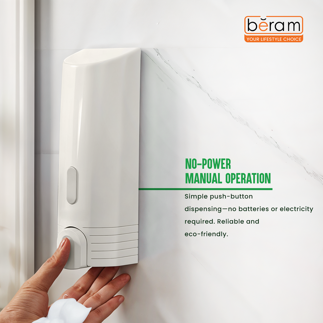 BERAM 400 ml Wall‑Mounted Manual Soap Dispenser, Push Type soap Dispenser for Bathroom, Kitchen & Hotel, Chrome ABS Liquid Hand Soap, Shampoo, Sanitizer Holder, Refillable Single Chamber-White