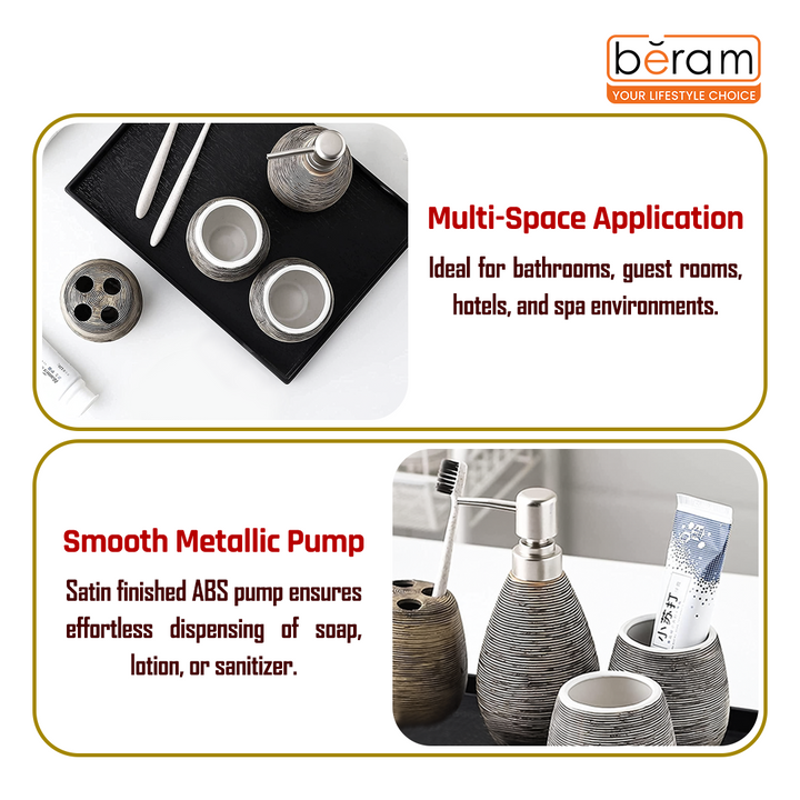 Beram 4-Piece Bathroom Accessory Set – Includes soap dispenser, tumbler, dual-slot toothbrush holder, and multipurpose holder