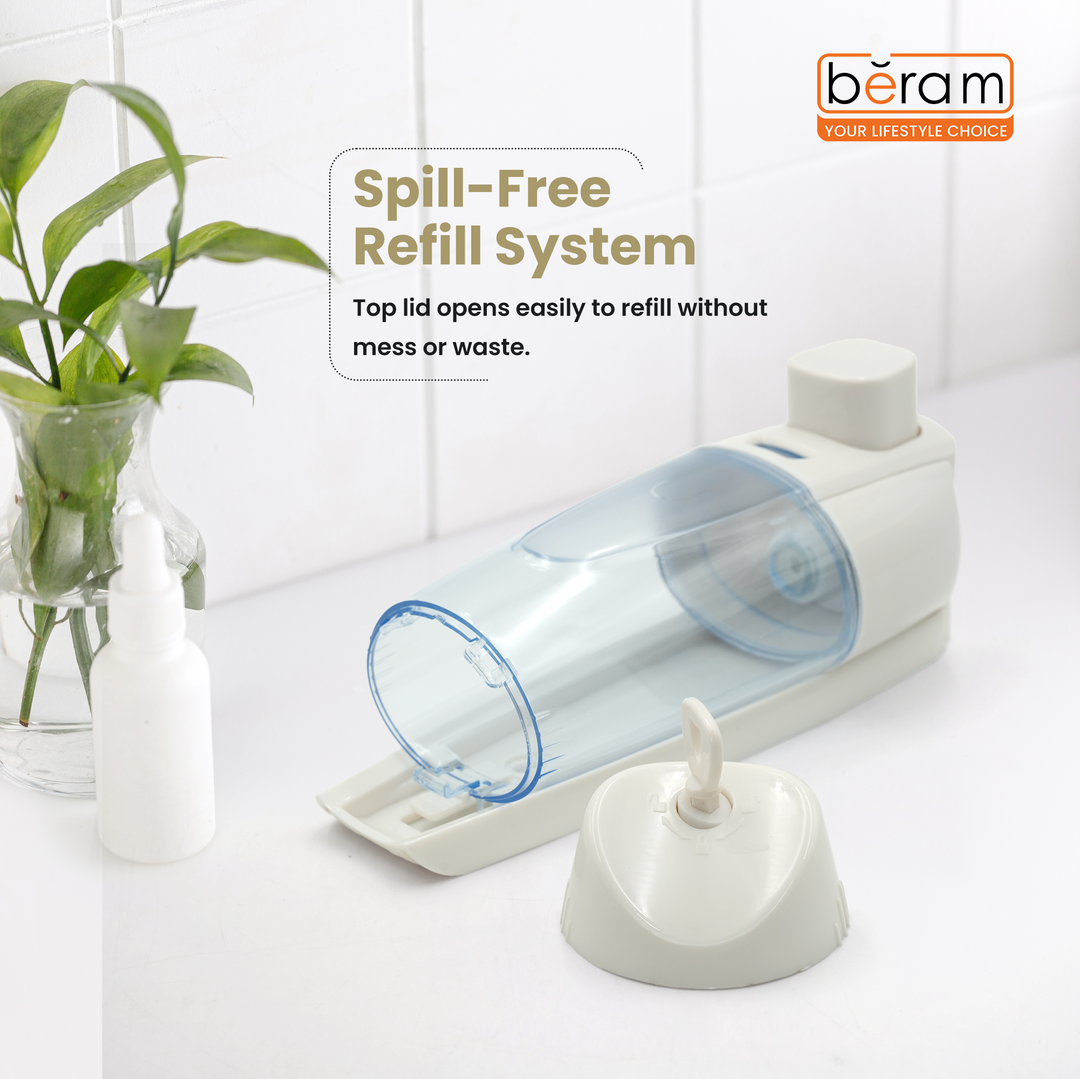 BERAM White Manual Soap Dispenser 300 ml Wall Mounted Push Type soap Dispenser Bathroom & Kitchen Easy Refill Leak-Proof Design Perfect for Soap Shampoo Hand Sanitizer transparent Tank ABS Plastic