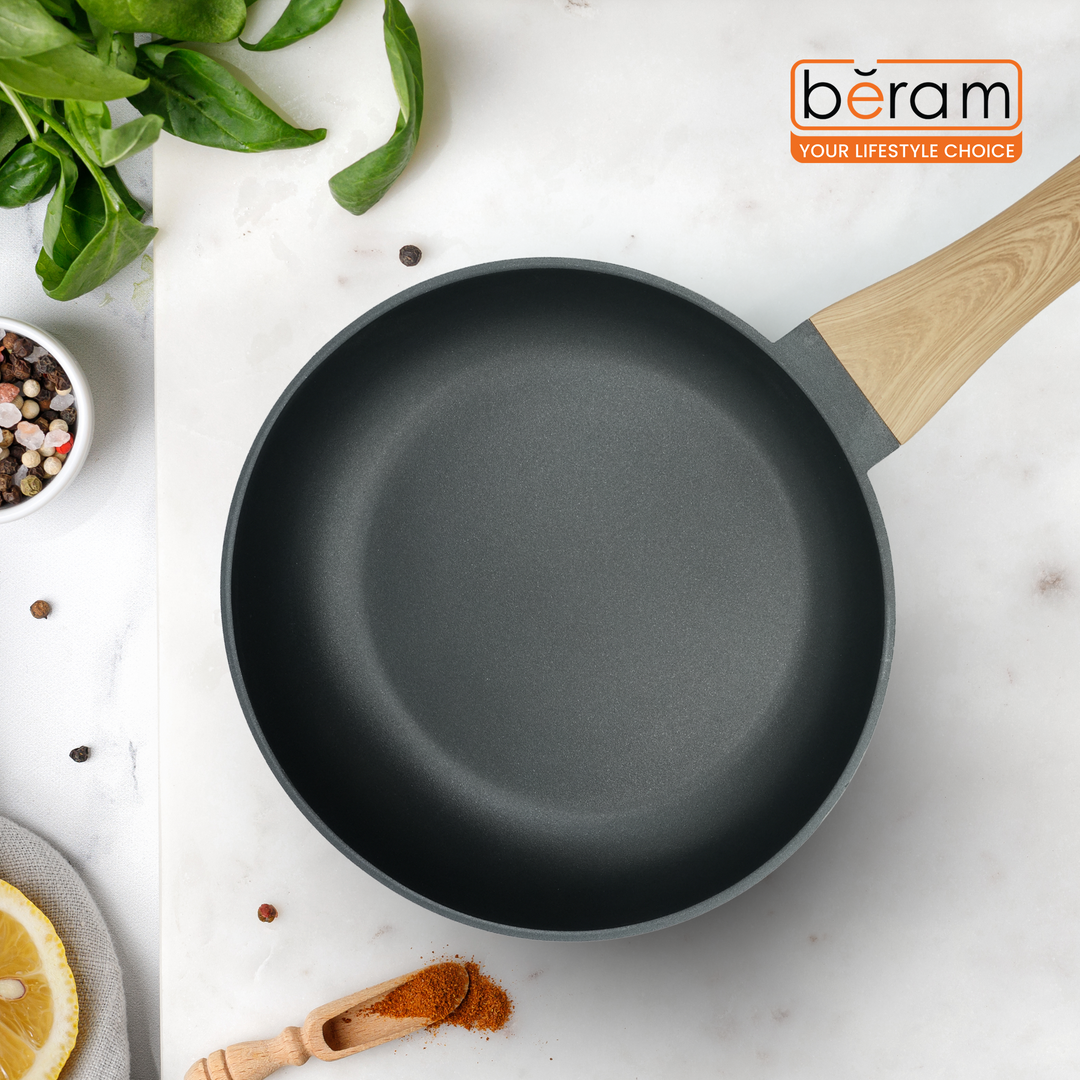 Non-Stick Frying Pan 24 Cm for Induction  Gas Stove Cast Aluminum Skillet with premium Coating Soft-Touch Wooden Handle Black Color Oven Safe Cookware Eco-Friendly Non-Toxic Pan