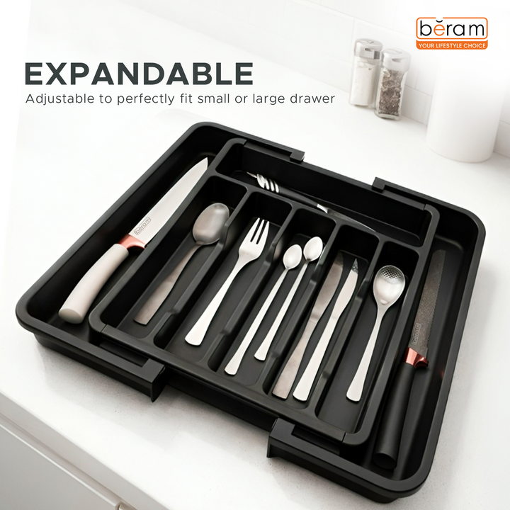 Beram Expandable Kitchen Drawer Organizer Tray – 33×37.5×5 cm BPA-Free PP Cutlery Holder for Spoons Forks Knives & Utensils Adjustable Silverware Divider Storage Box for Kitchen Drawers
