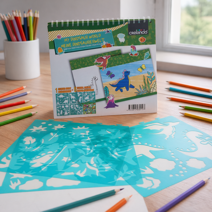 Jurassic Art Stencil Book for Kids 80 Sketch Pages with 5 Dinosaur Stencils and 1 Sticker Sheet Creative Dino Drawing Kit for Learning Tracing Coloring and Imaginative Play