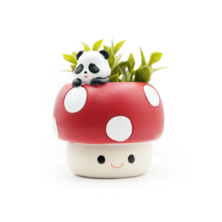 Mushroom Planter Set Panda Sleeping Cat Smiling Cat Cartoon Smiley Polyresin Decorative Flower Pots Cute Animal Succulent Holders with Drainage Hole Indoor Outdoor Home Office Desk Decor Pen Pencil Holder Propagator Kit Gift