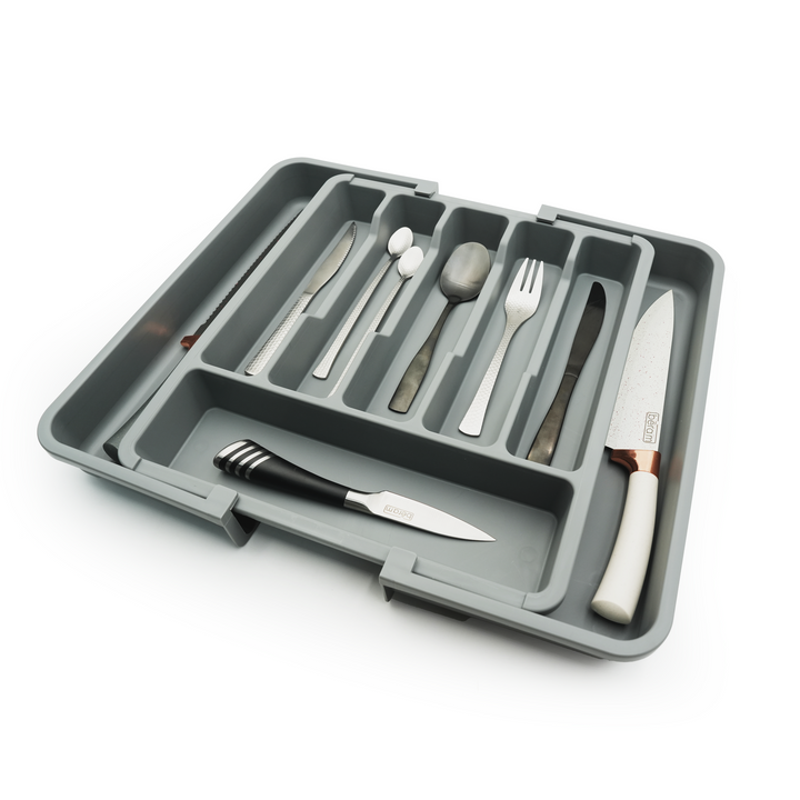 Beram Expandable Kitchen Drawer Organizer Tray – 33×37.5×5 cm BPA-Free PP Cutlery Holder for Spoons Forks Knives & Utensils Adjustable Silverware Divider Storage Box for Kitchen Drawers