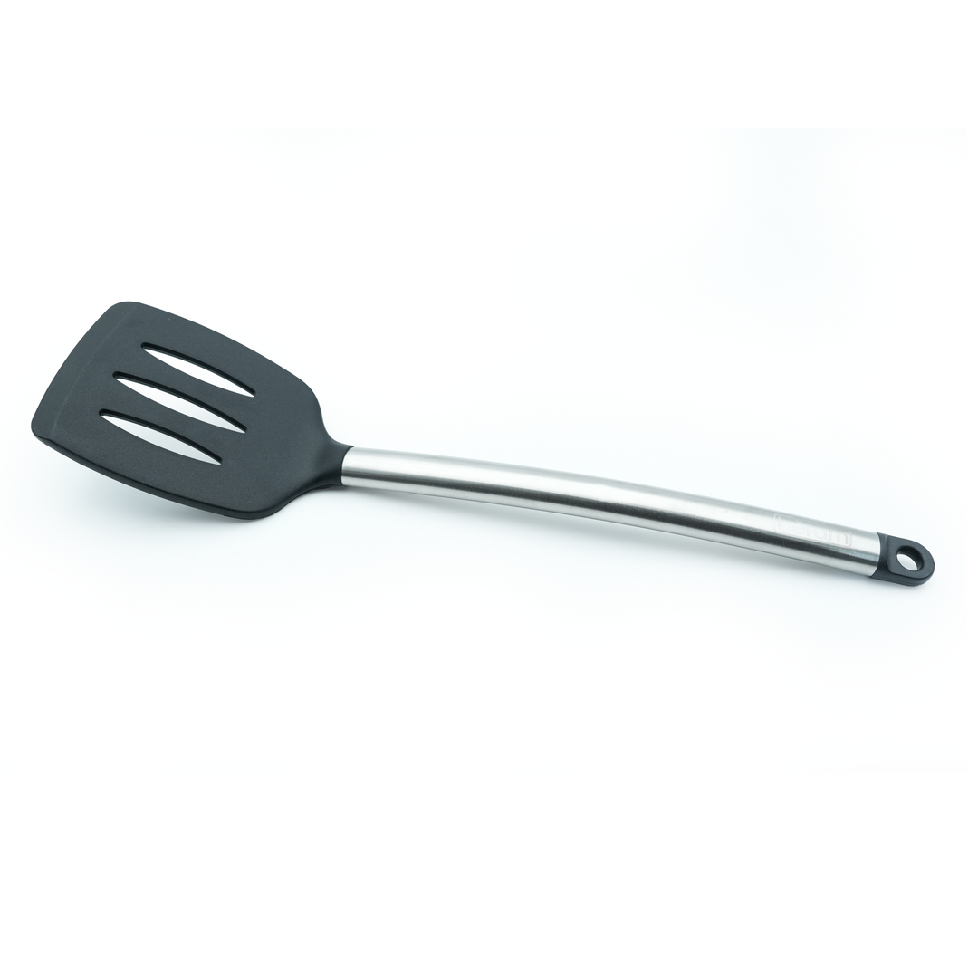 Beram 6Pcs Silicone with Stainless Steel Utensil Set Non-Stick Safe,Heat Resistant,BPA-Free –Slotted Turner, Scraper, Skimmer, Pasta Server, Soup Ladle & Serving Spoon (Black) (Set of 6)