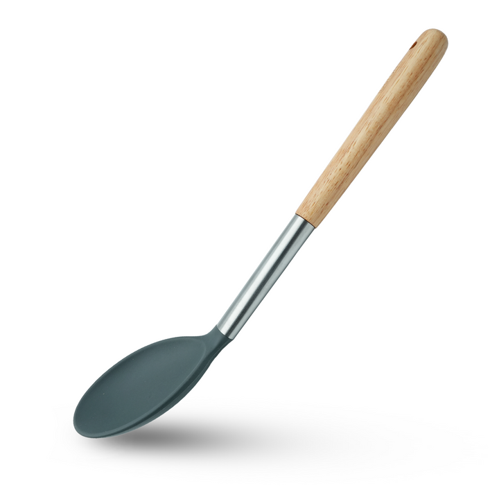 Beram 8Pcs Silicone Spatula Set with Wooden & Steel Handles, Heat-Resistant, BPA-Free, Non-Stick Safe Includes Serving Spoon, Turner, Ladle, Skimmer, Pasta Server Grey (8 Pcs Set)