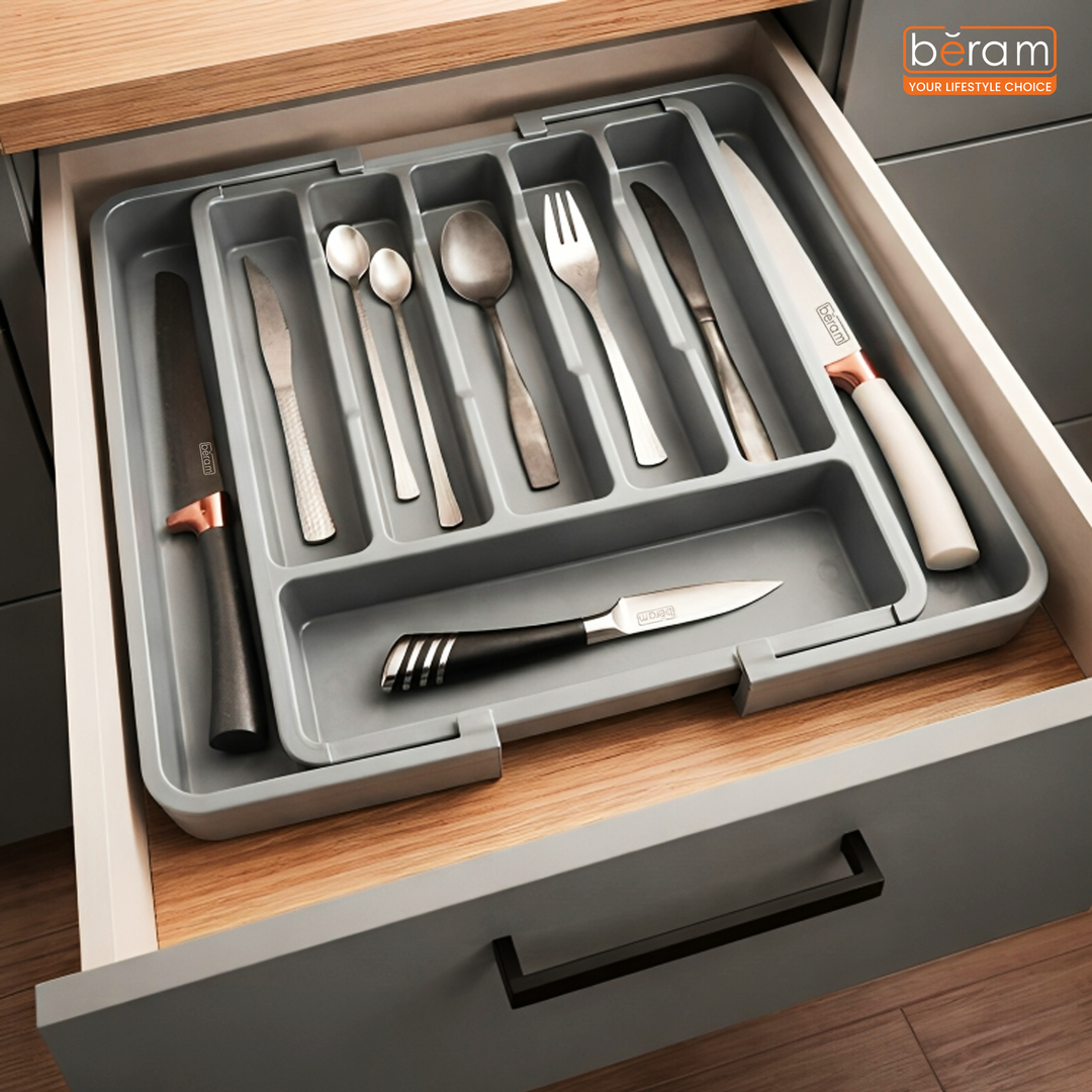 Beram Expandable Kitchen Drawer Organizer Tray – 33×37.5×5 cm BPA-Free PP Cutlery Holder for Spoons Forks Knives & Utensils Adjustable Silverware Divider Storage Box for Kitchen Drawers
