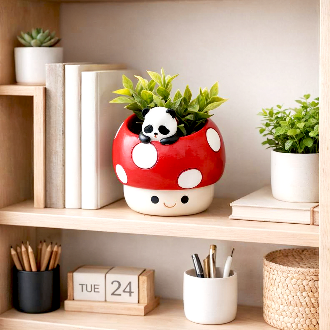 Mushroom Planter Set Panda Sleeping Cat Smiling Cat Cartoon Smiley Polyresin Decorative Flower Pots Cute Animal Succulent Holders with Drainage Hole Indoor Outdoor Home Office Desk Decor Pen Pencil Holder Propagator Kit Gift