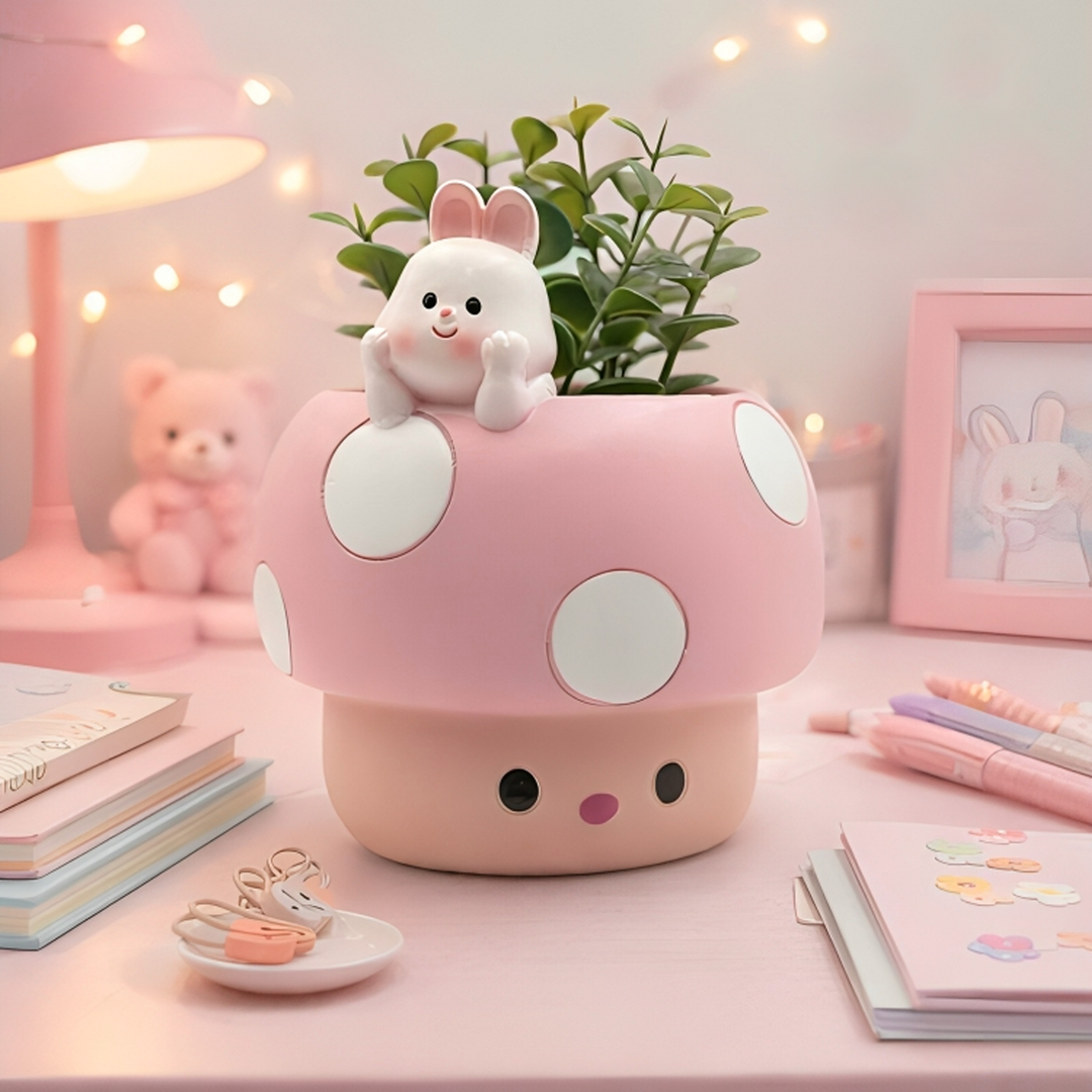 Mushroom Planter Set Panda Sleeping Cat Smiling Cat Cartoon Smiley Polyresin Decorative Flower Pots Cute Animal Succulent Holders with Drainage Hole Indoor Outdoor Home Office Desk Decor Pen Pencil Holder Propagator Kit Gift