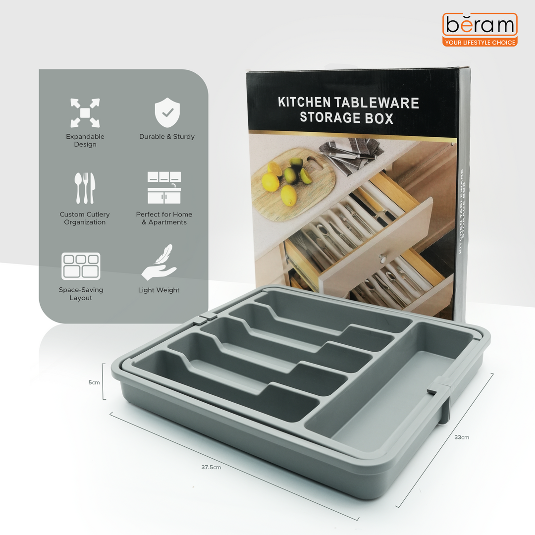 Beram Expandable Kitchen Drawer Organizer Tray – 33×37.5×5 cm BPA-Free PP Cutlery Holder for Spoons Forks Knives & Utensils Adjustable Silverware Divider Storage Box for Kitchen Drawers
