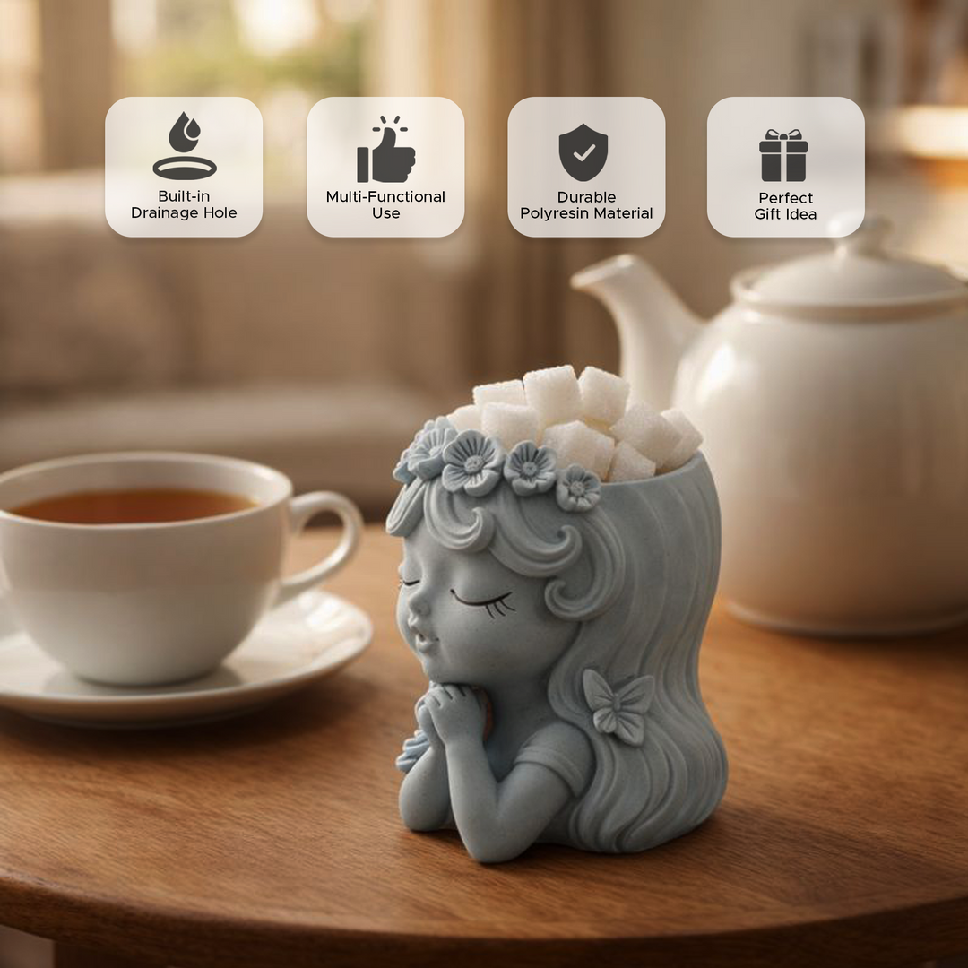 Bonsai Craft Vase 4-Set Pray Dream Flower Blessing Dolls Grey Polyresin Decorative Succulent Planters Elegant Home Office Desk Decor Flower Pots Pen Pencil Holders Propagator Kit Gift