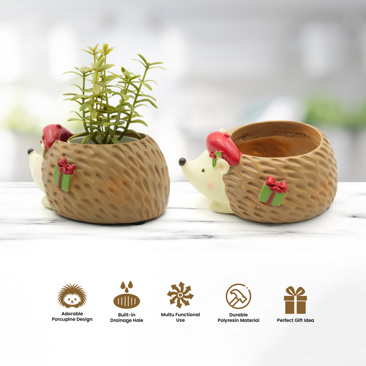 Animal Christmas Flower Pot 4 Pcs Set Rabbit Cat Porcupine Elephant Polyresin Succulent Planter Festive Mini Vase with Santa Hat Gift Box Design Indoor Outdoor Home Office Desk Decor Gift