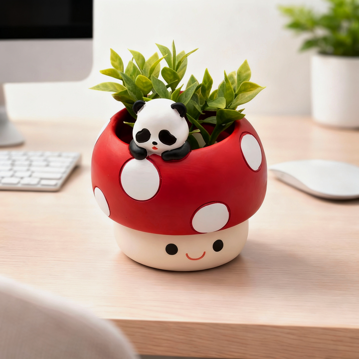 Mushroom Planter Set Panda Sleeping Cat Smiling Cat Cartoon Smiley Polyresin Decorative Flower Pots Cute Animal Succulent Holders with Drainage Hole Indoor Outdoor Home Office Desk Decor Pen Pencil Holder Propagator Kit Gift