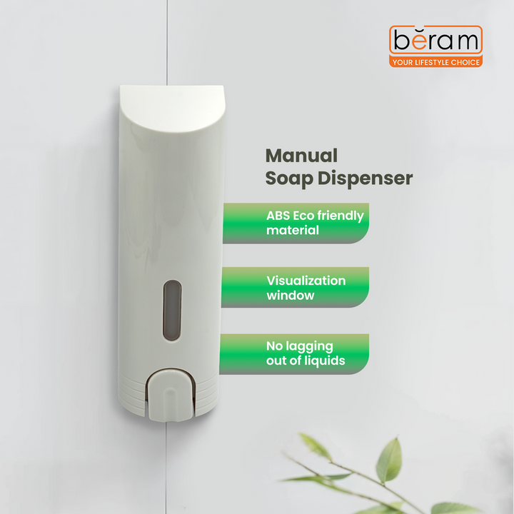 BERAM Wall‑Mounted Manual Soap Dispenser, Push Type soap Dispenser for Bathroom, Kitchen & Hotel, Chrome ABS Liquid Hand Soap, Shampoo, Sanitizer Holder, Refillable Single Chamber-White