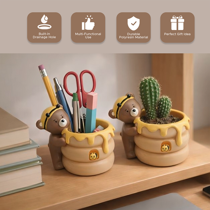 Animal Fruit Harvest Flower Pot Bunny Carrot and Bear Honey Bee Set Polyresin Cute Animal Succulent Planters Decorative Tree Trunk and Honey Pot Vase Desk Flower Pot Pen Pencil Holder Propagator Kit Indoor Outdoor Home Garden Decor