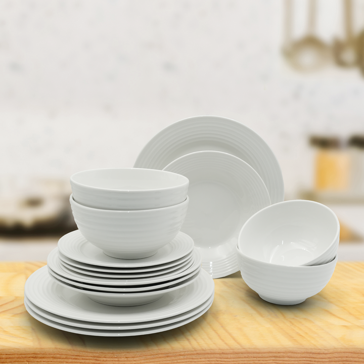 16Pc Ceramic Dinner Set Service Of 4 Includes Dinner&Dessert Plates Bowls Semi Bowl Plate Durable  White LightWeight Microwave Safe for Everyday Use Special Occassion Gifting