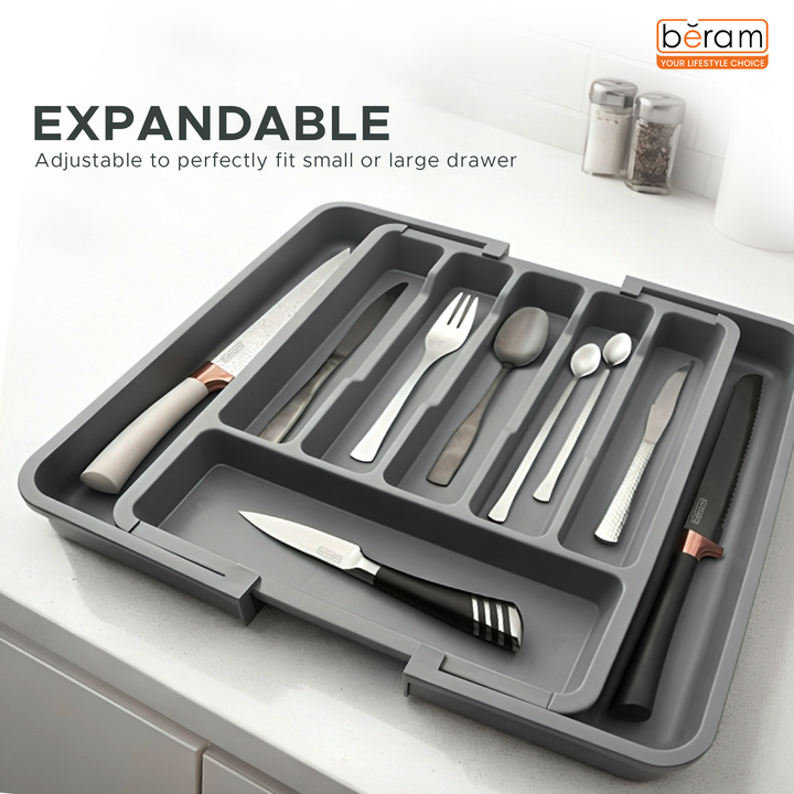 Beram Expandable Kitchen Drawer Organizer Tray – 33×37.5×5 cm BPA-Free PP Cutlery Holder for Spoons Forks Knives & Utensils Adjustable Silverware Divider Storage Box for Kitchen Drawers