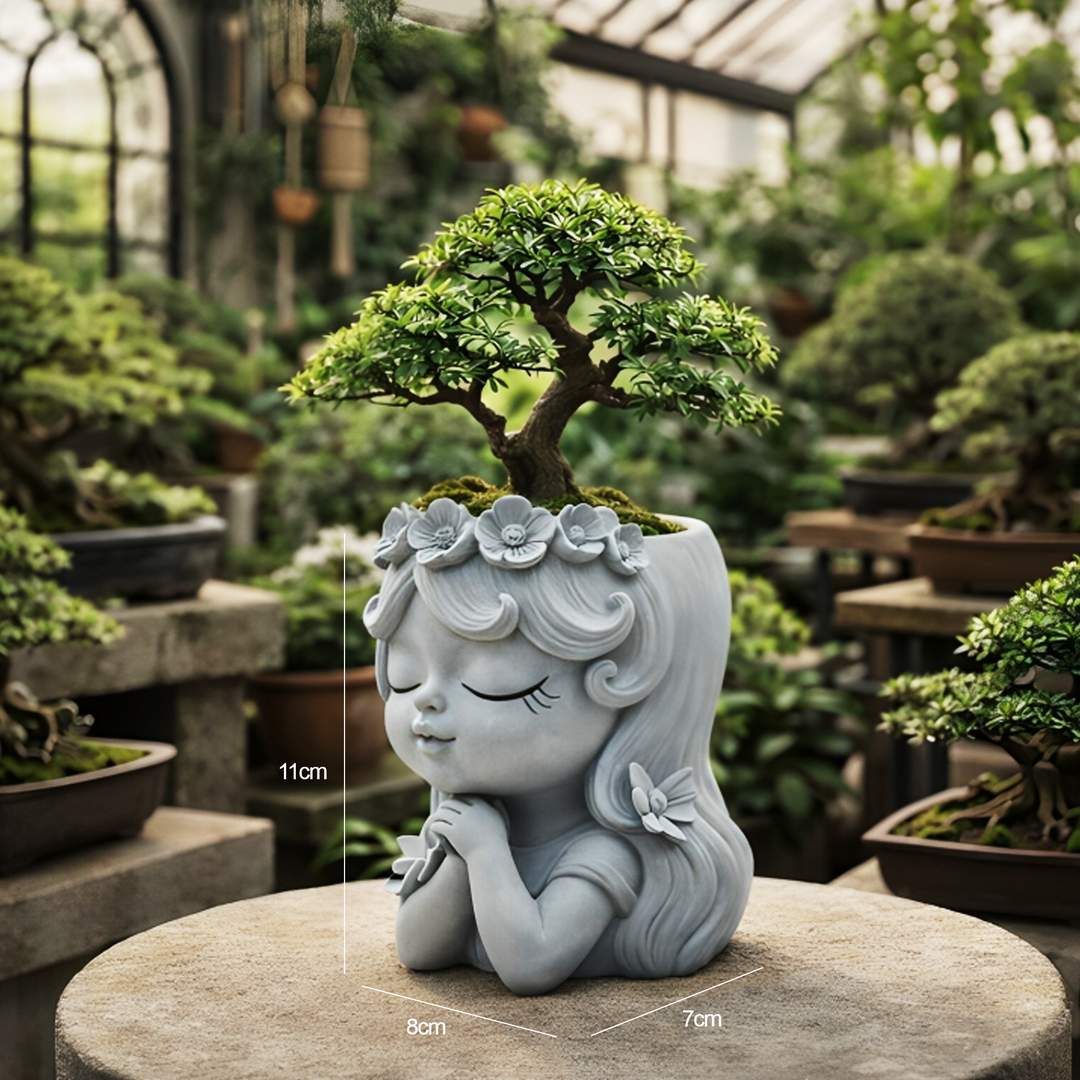Bonsai Craft Vase 4-Set Pray Dream Flower Blessing Dolls Grey Polyresin Decorative Succulent Planters Elegant Home Office Desk Decor Flower Pots Pen Pencil Holders Propagator Kit Gift