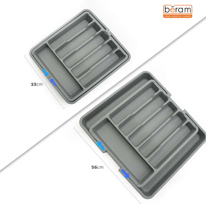 Beram Expandable Kitchen Drawer Organizer Tray – 33×37.5×5 cm BPA-Free PP Cutlery Holder for Spoons Forks Knives & Utensils Adjustable Silverware Divider Storage Box for Kitchen Drawers
