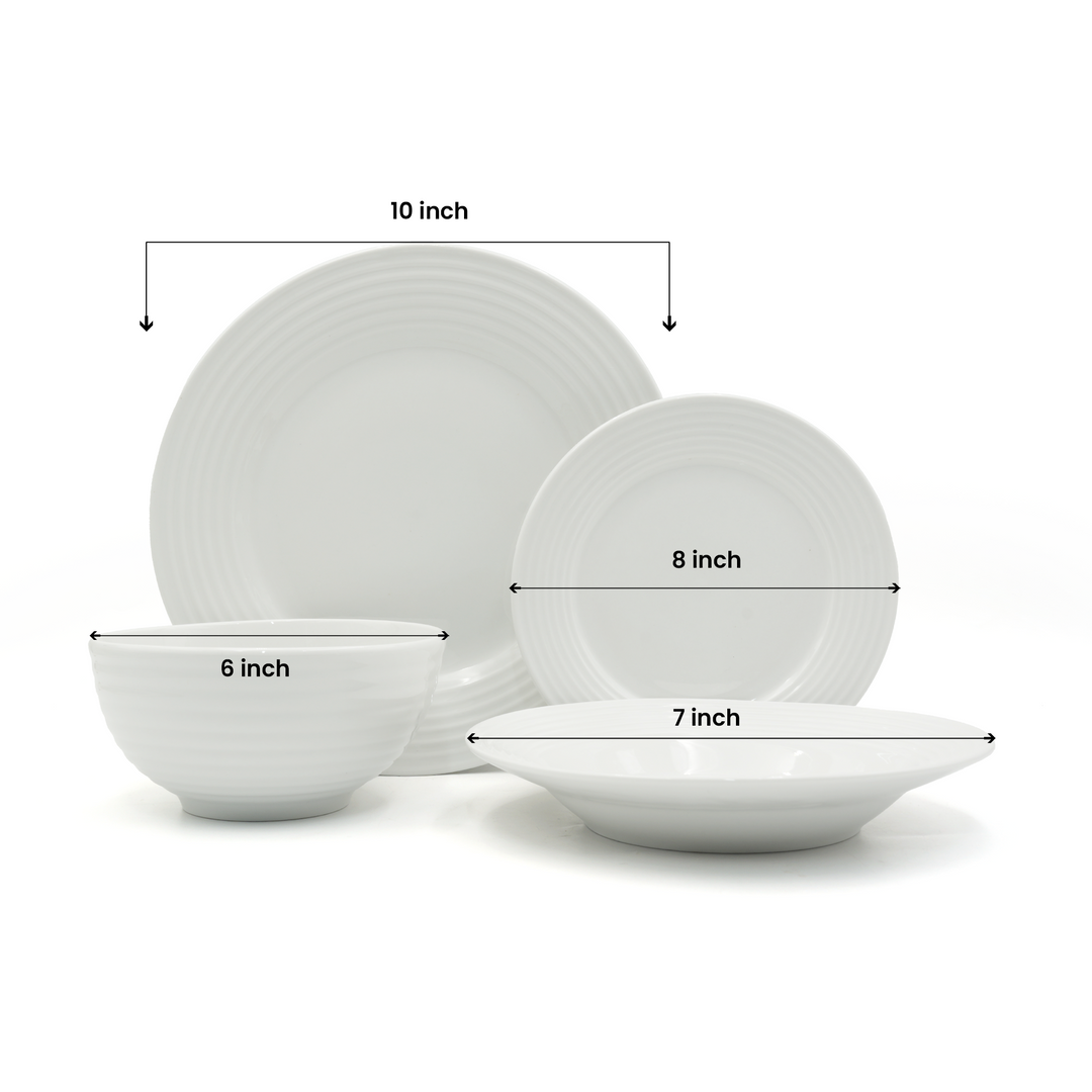 16Pc Ceramic Dinner Set Service Of 4 Includes Dinner&Dessert Plates Bowls Semi Bowl Plate Durable  White LightWeight Microwave Safe for Everyday Use Special Occassion Gifting