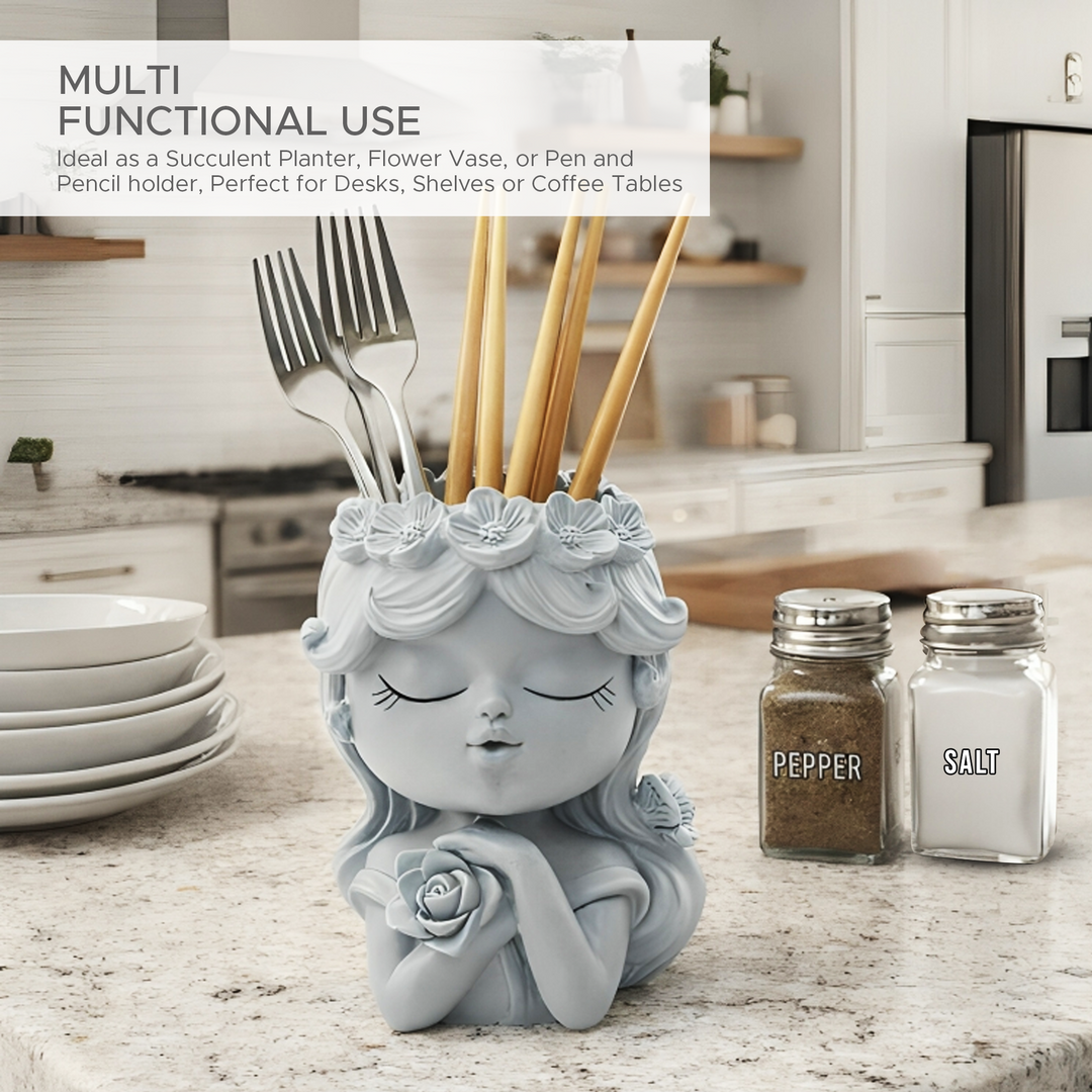 Bonsai Craft Vase 4-Set Pray Dream Flower Blessing Dolls Grey Polyresin Decorative Succulent Planters Elegant Home Office Desk Decor Flower Pots Pen Pencil Holders Propagator Kit Gift