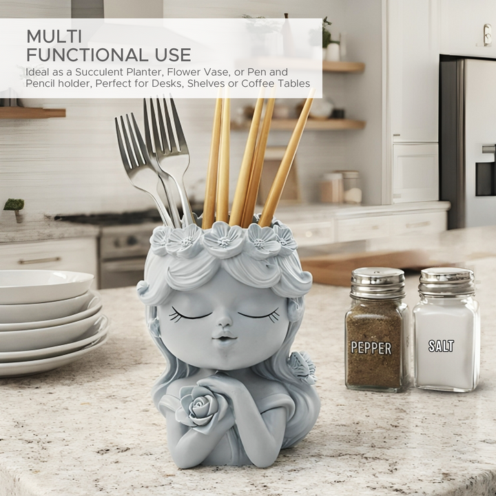 Bonsai Craft Vase 4-Set Pray Dream Flower Blessing Dolls Grey Polyresin Decorative Succulent Planters Elegant Home Office Desk Decor Flower Pots Pen Pencil Holders Propagator Kit Gift