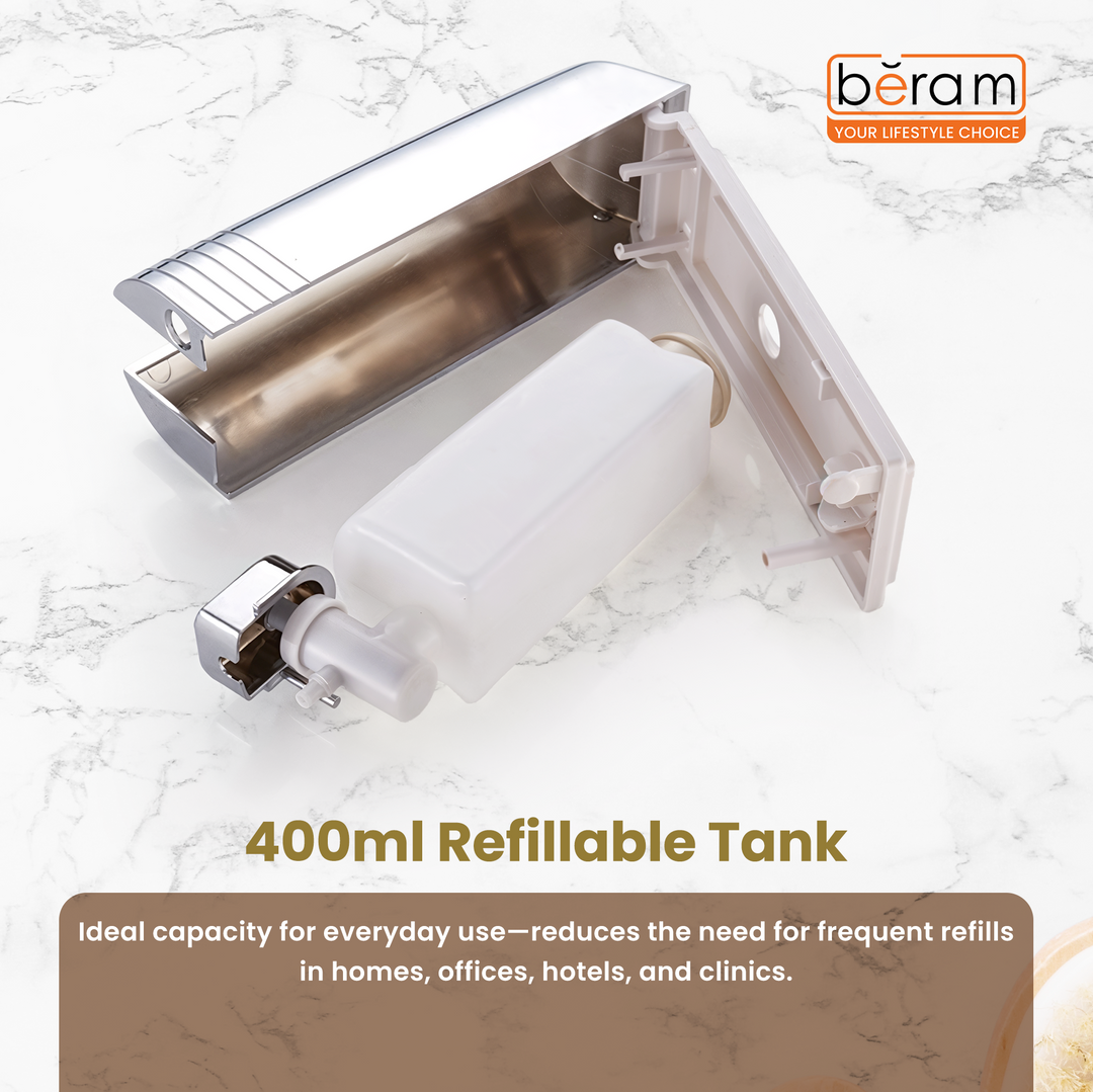 BERAM Wall‑Mounted Manual Soap Dispenser, Push Type soap Dispenser for Bathroom, Kitchen & Hotel, Chrome ABS Liquid Hand Soap, Shampoo, Sanitizer Holder, Refillable Single Chamber-White
