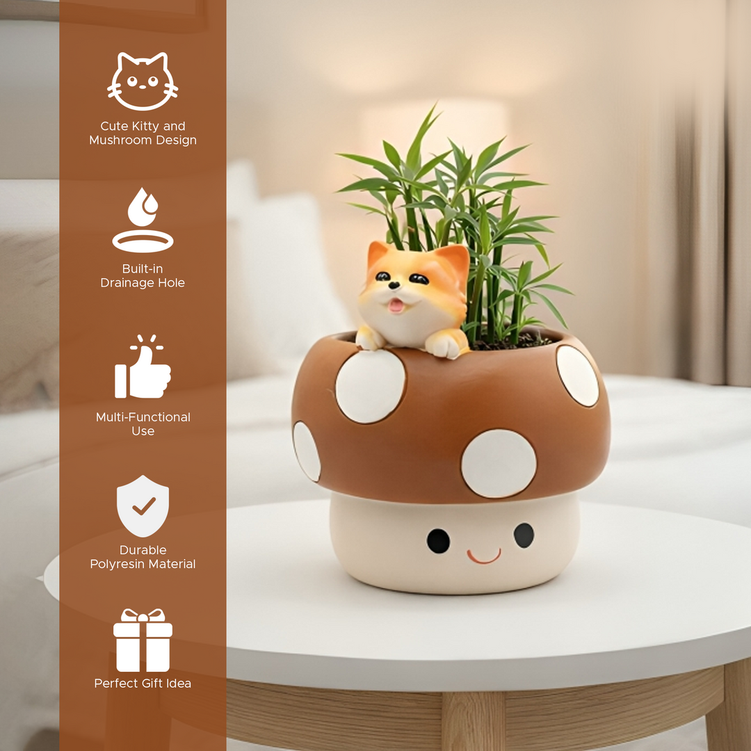 Mushroom Planter Set Panda Sleeping Cat Smiling Cat Cartoon Smiley Polyresin Decorative Flower Pots Cute Animal Succulent Holders with Drainage Hole Indoor Outdoor Home Office Desk Decor Pen Pencil Holder Propagator Kit Gift