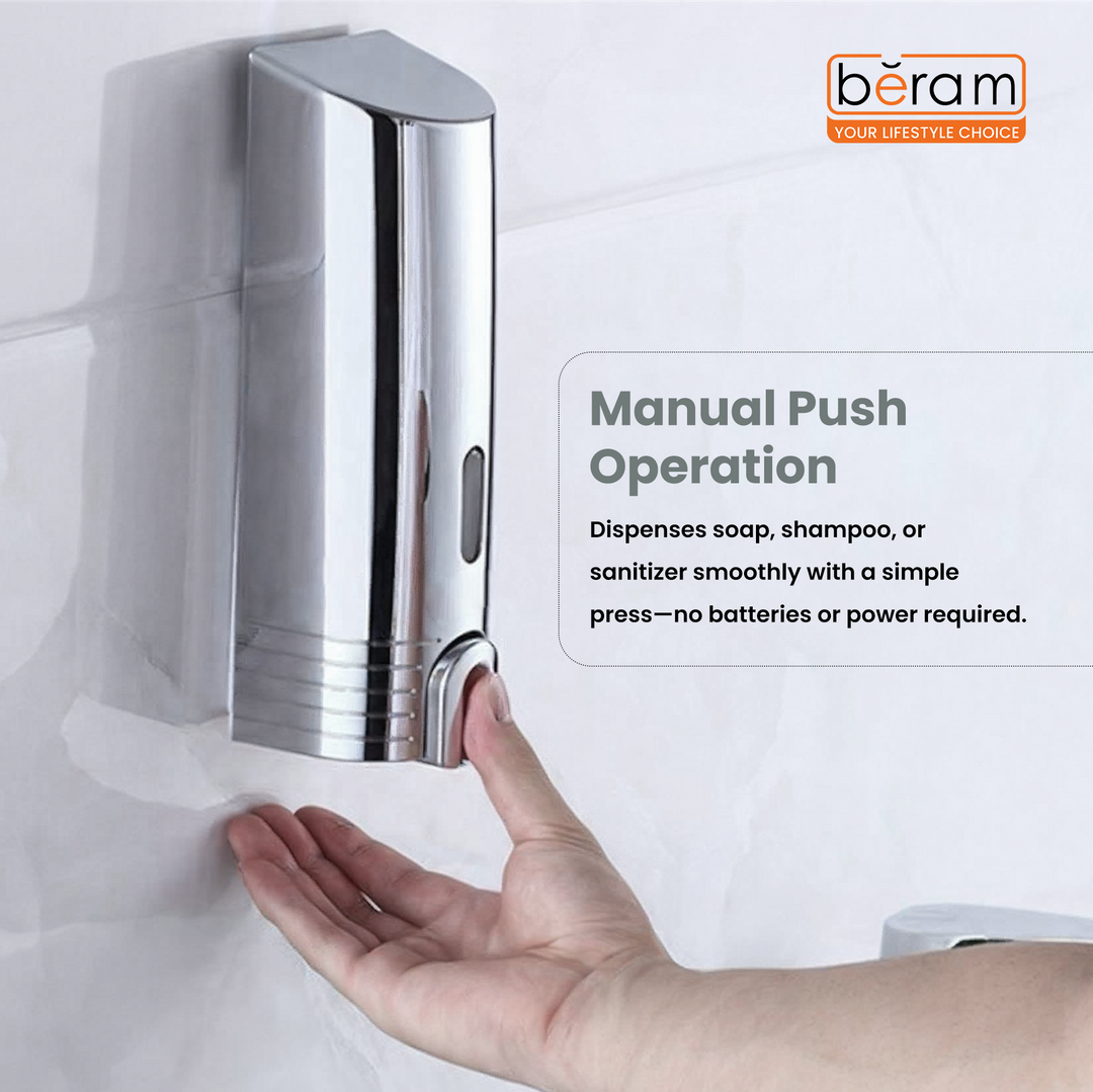 BERAM Wall‑Mounted Manual Soap Dispenser, Push Type soap Dispenser for Bathroom, Kitchen & Hotel, Chrome ABS Liquid Hand Soap, Shampoo, Sanitizer Holder, Refillable Single Chamber-White