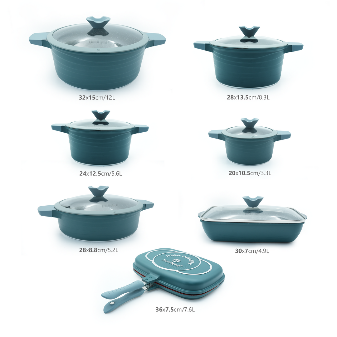 Haus Roland 14Pcs Green Granite Nonstick Cookware Set with Lids Die-Cast Aluminum Induction & Oven Safe PFOA/PTFE-Free Kitchen Utensil Durable Scratch-safe Pots & Pans for Cooking