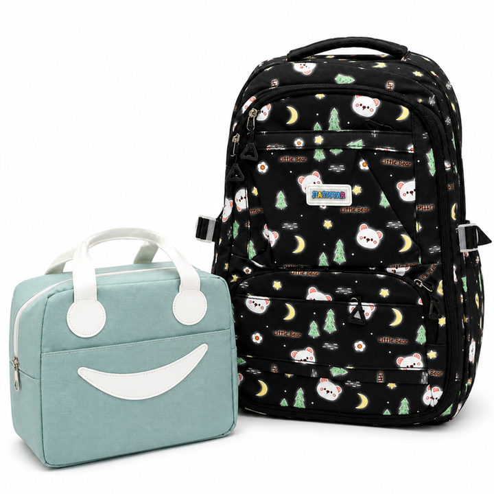2 Piece Bear Bloom School Backpack and Insulated Lunch Bag Combo Set, Black & Green | Spacious School Bag with Matching Lunch Bag, Multiple Compartments for School, Travel, Office and Daily Use